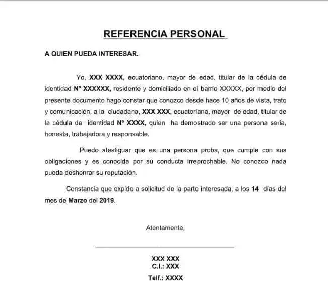 carta referencia personal word